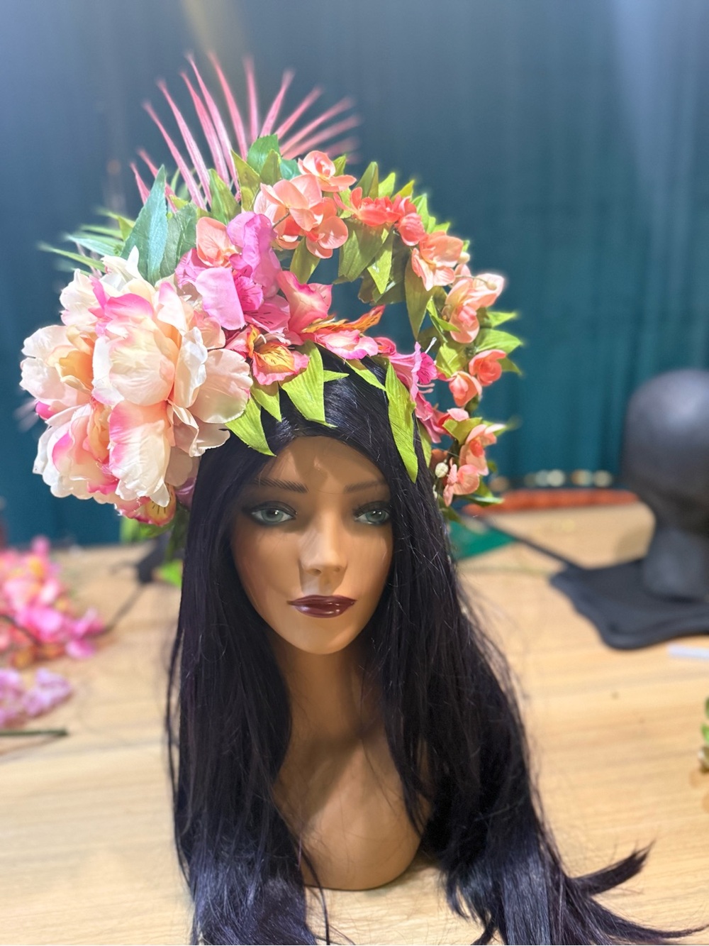 Floral Tropical Flower Crown Headpiece in Pink and Green